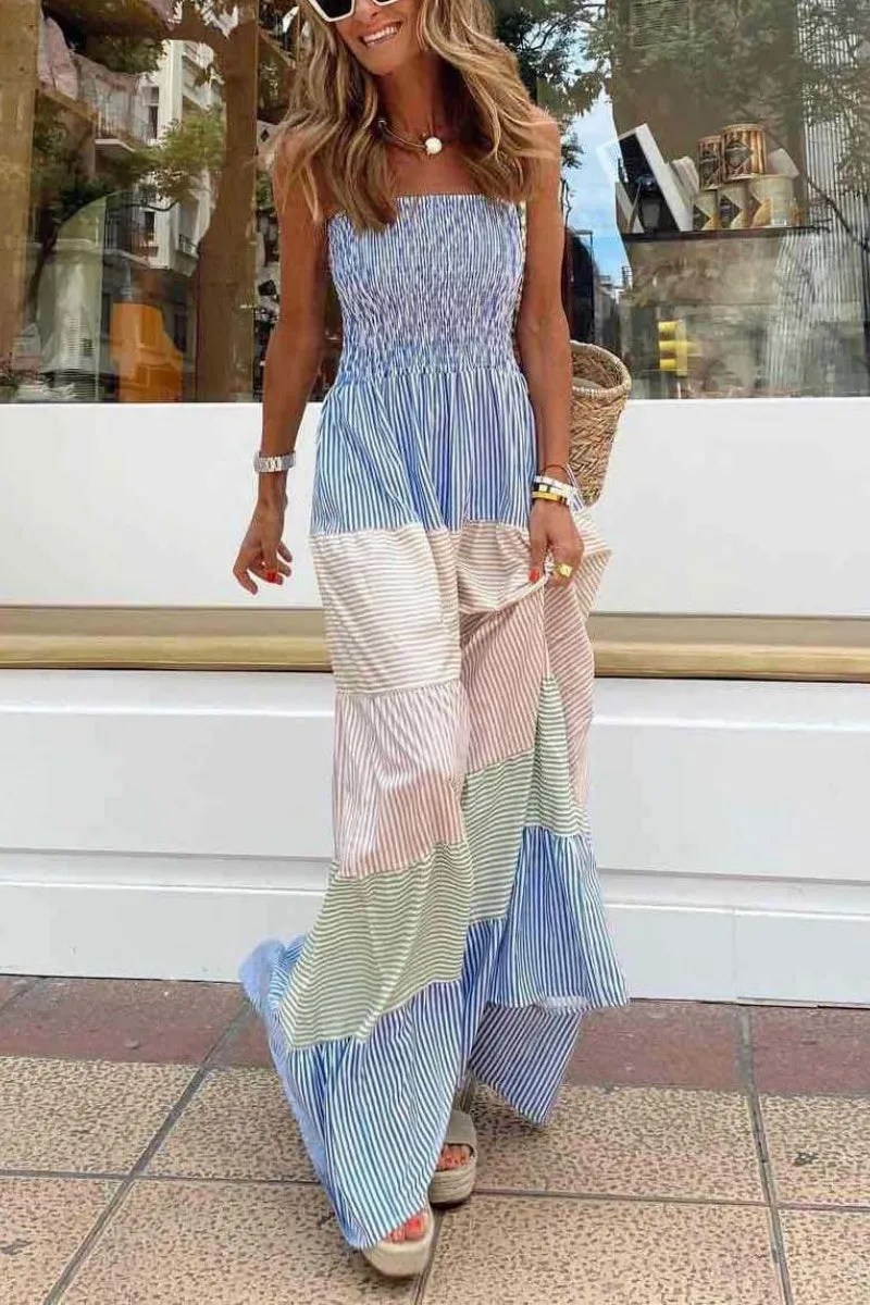 Chouyatou Women's Color Block Striped Smocked Maxi Dress Sexy Spaghetti Strap Tiered Flowy Beach Maxi Dress