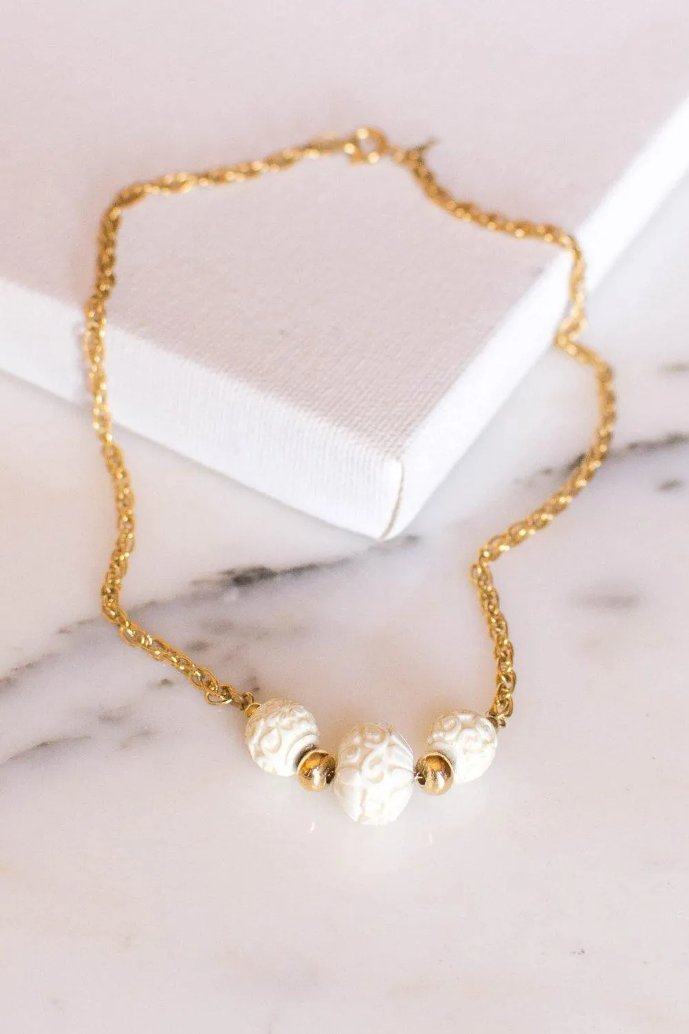Crown Trifari Carved Three Bead Choker Necklace