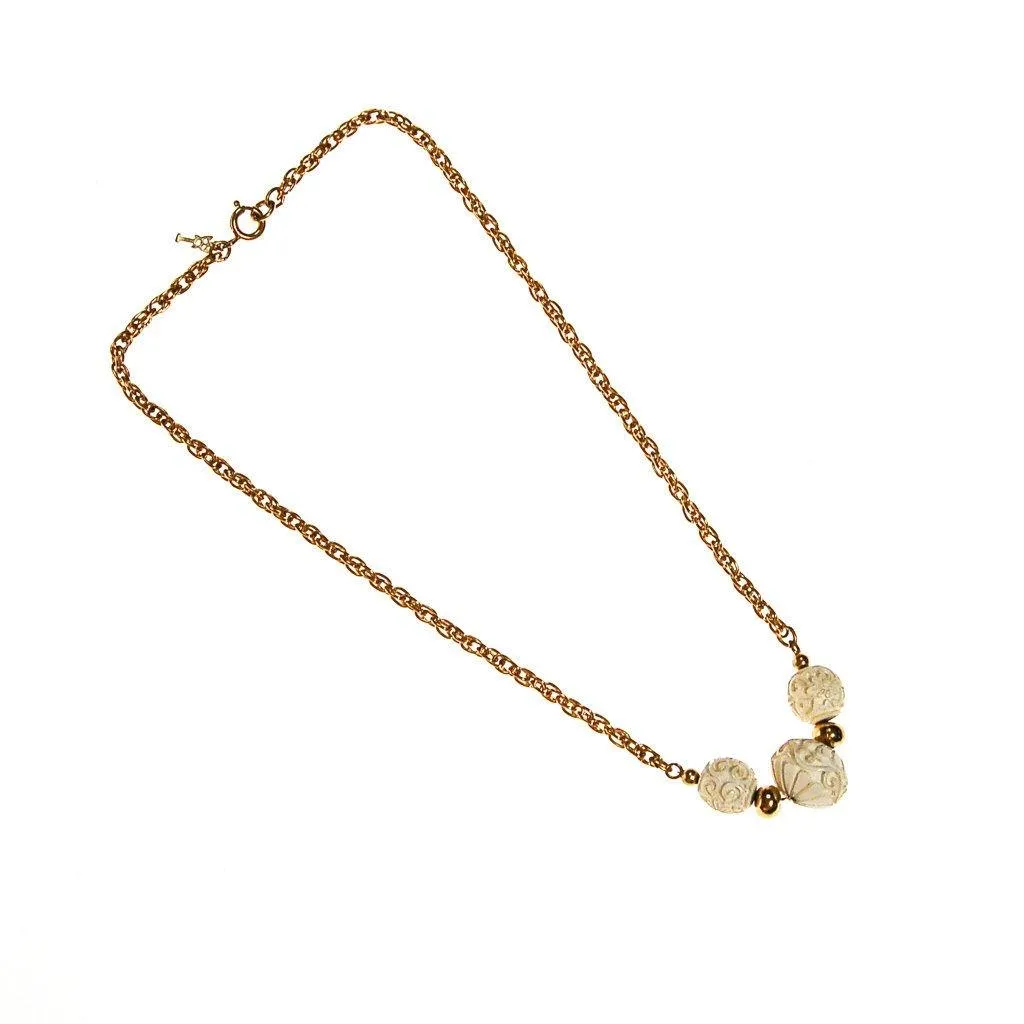 Crown Trifari Carved Three Bead Choker Necklace