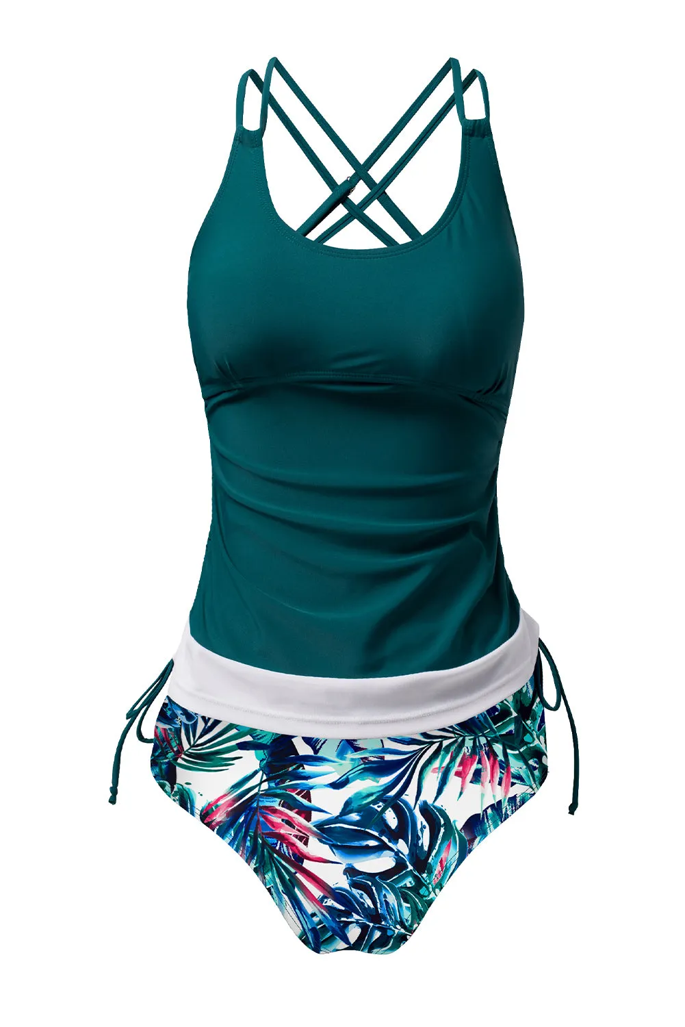 Drawstring Tummy Control Mix-and-match 2pcs Tankini Swimsuit