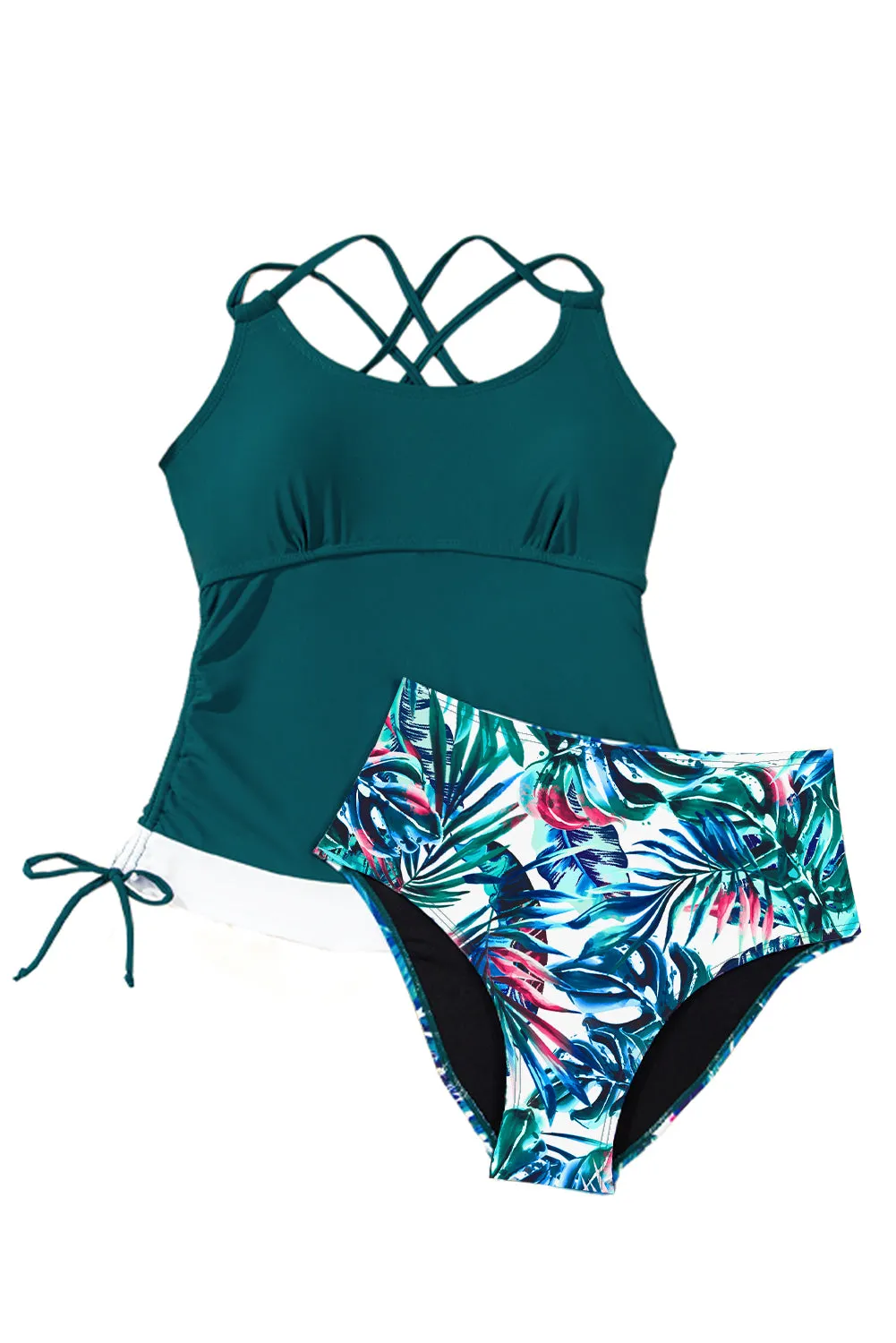 Drawstring Tummy Control Mix-and-match 2pcs Tankini Swimsuit