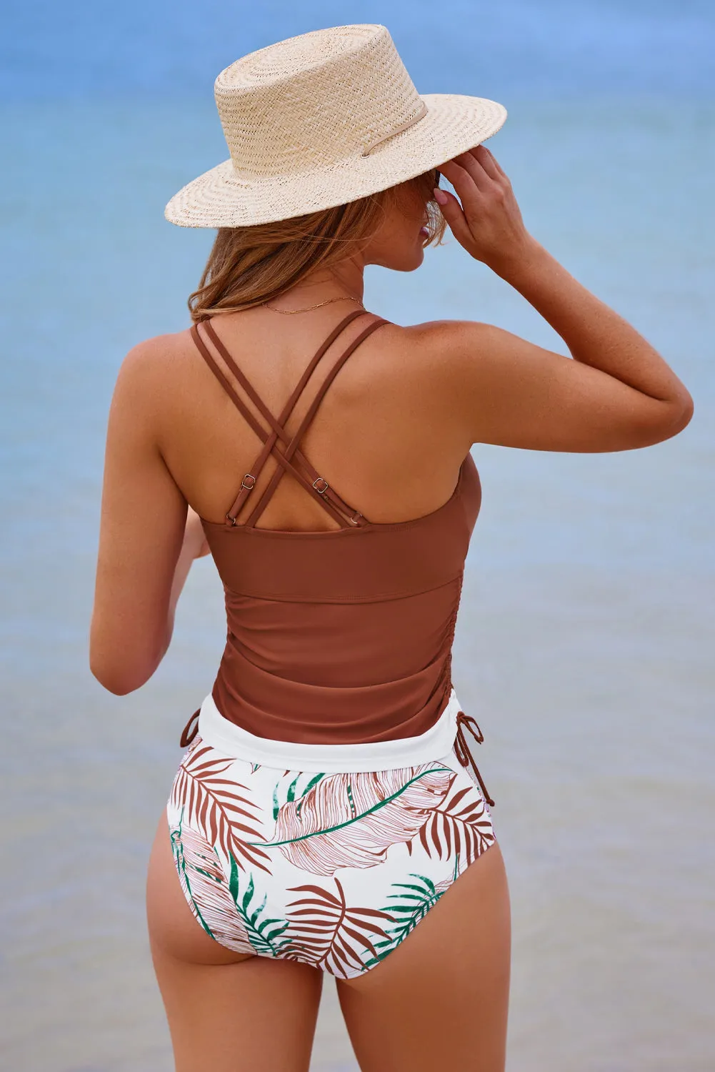 Drawstring Tummy Control Mix-and-match 2pcs Tankini Swimsuit