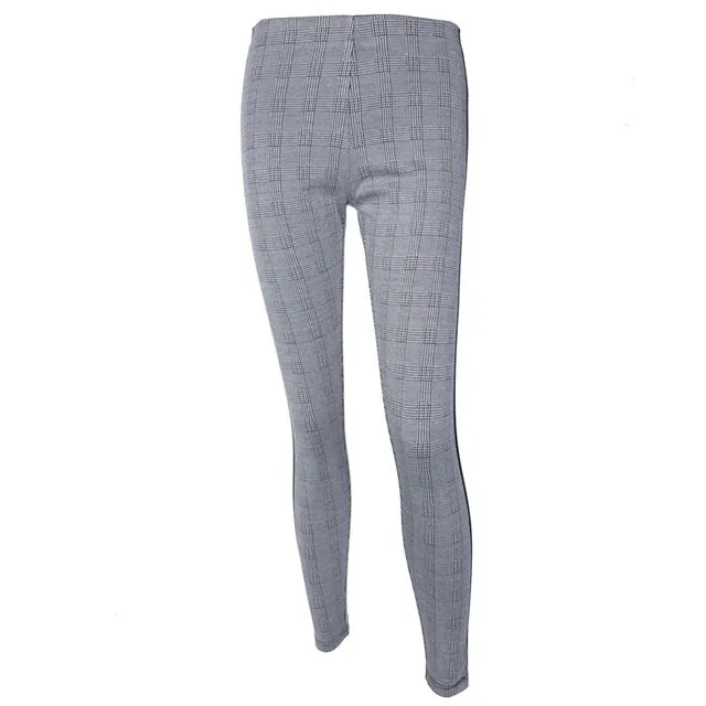 Elastic Stretchy Side Striped Plaid Pencil Pants