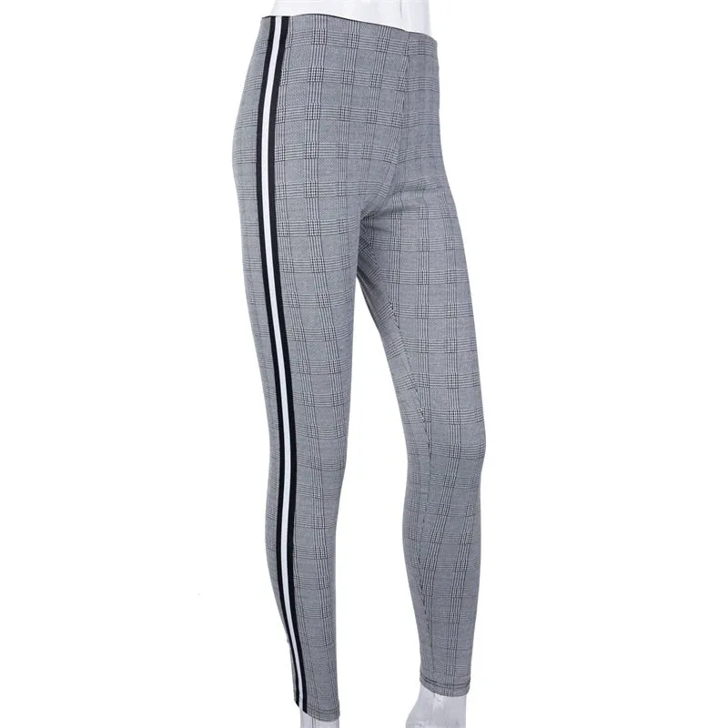 Elastic Stretchy Side Striped Plaid Pencil Pants