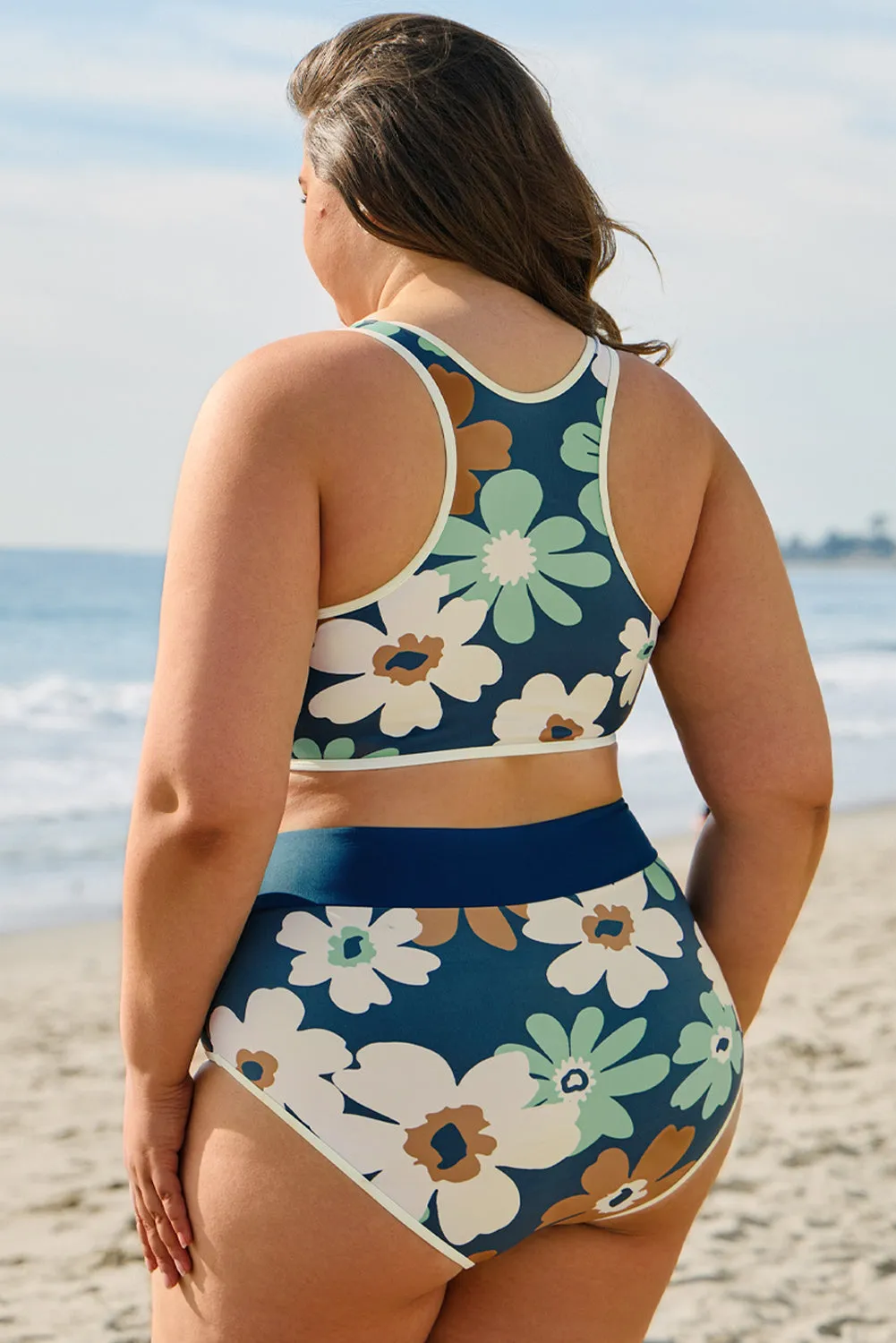 Floral Printed Zipped Plus Size Two Pieces Bikini