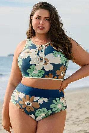 Floral Printed Zipped Plus Size Two Pieces Bikini