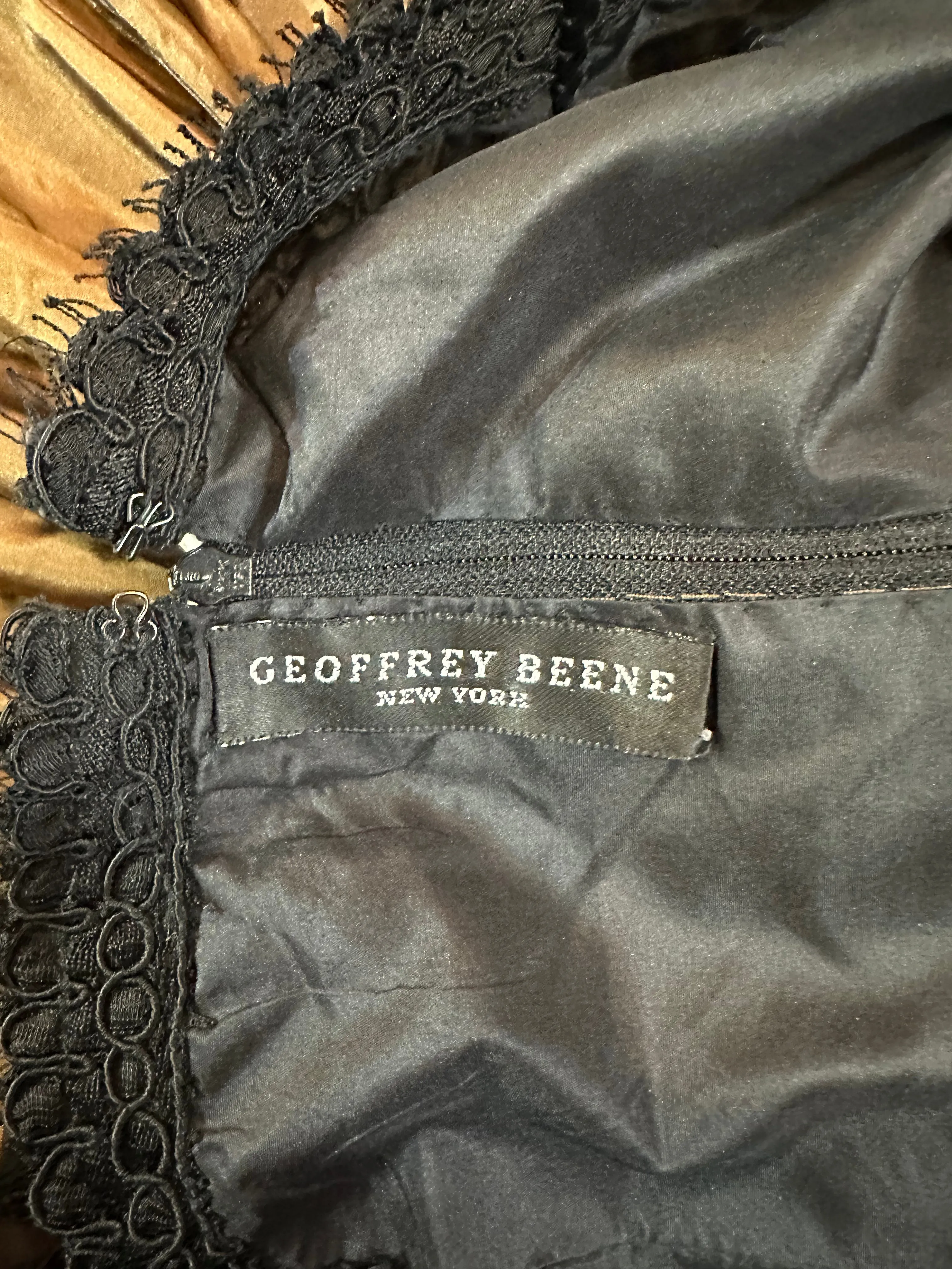 Geoffrey Beene 90s Brown Taffeta and Lace Tartan Cocktail Dress