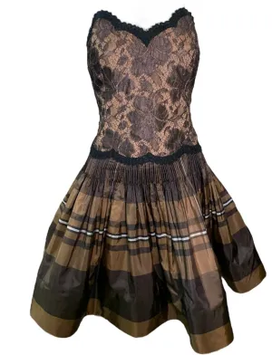Geoffrey Beene 90s Brown Taffeta and Lace Tartan Cocktail Dress