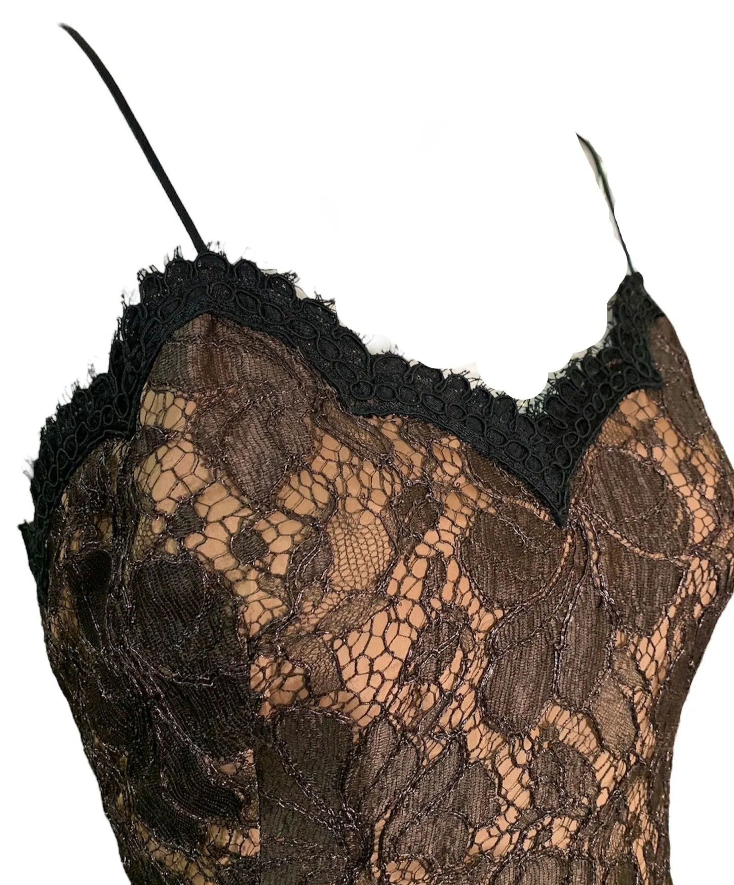 Geoffrey Beene 90s Brown Taffeta and Lace Tartan Cocktail Dress