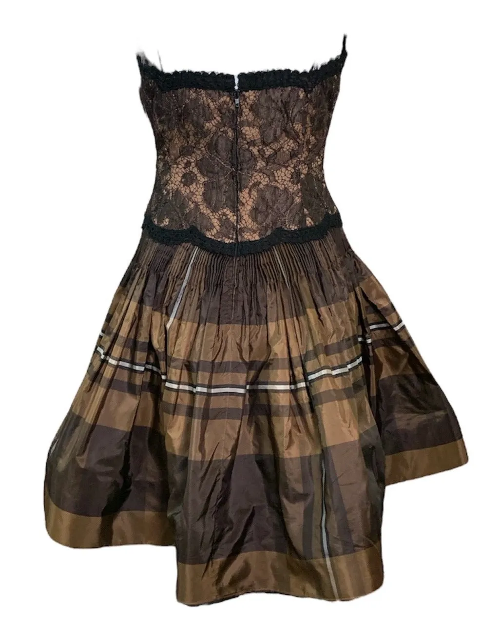 Geoffrey Beene 90s Brown Taffeta and Lace Tartan Cocktail Dress