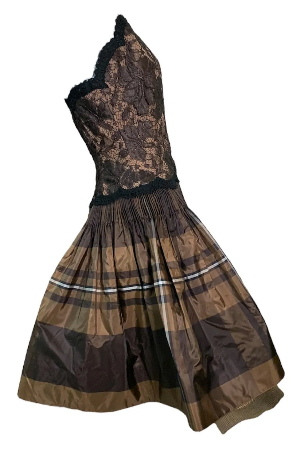 Geoffrey Beene 90s Brown Taffeta and Lace Tartan Cocktail Dress