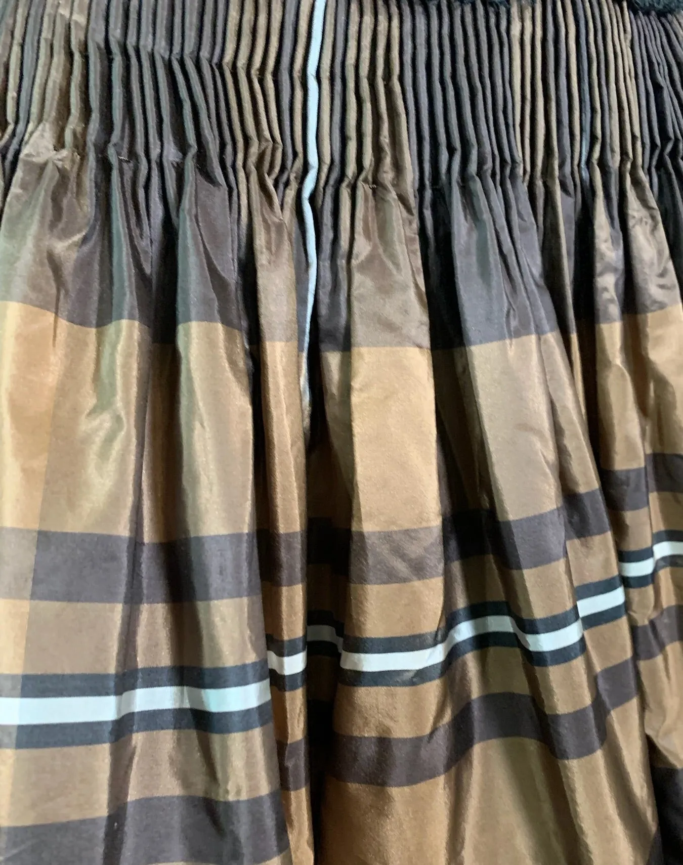 Geoffrey Beene 90s Brown Taffeta and Lace Tartan Cocktail Dress