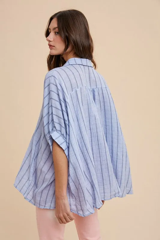 Light Blue Striped Button Up Half Sleeve Shirt