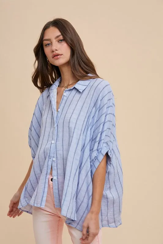Light Blue Striped Button Up Half Sleeve Shirt