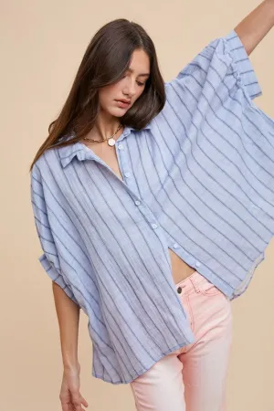 Light Blue Striped Button Up Half Sleeve Shirt