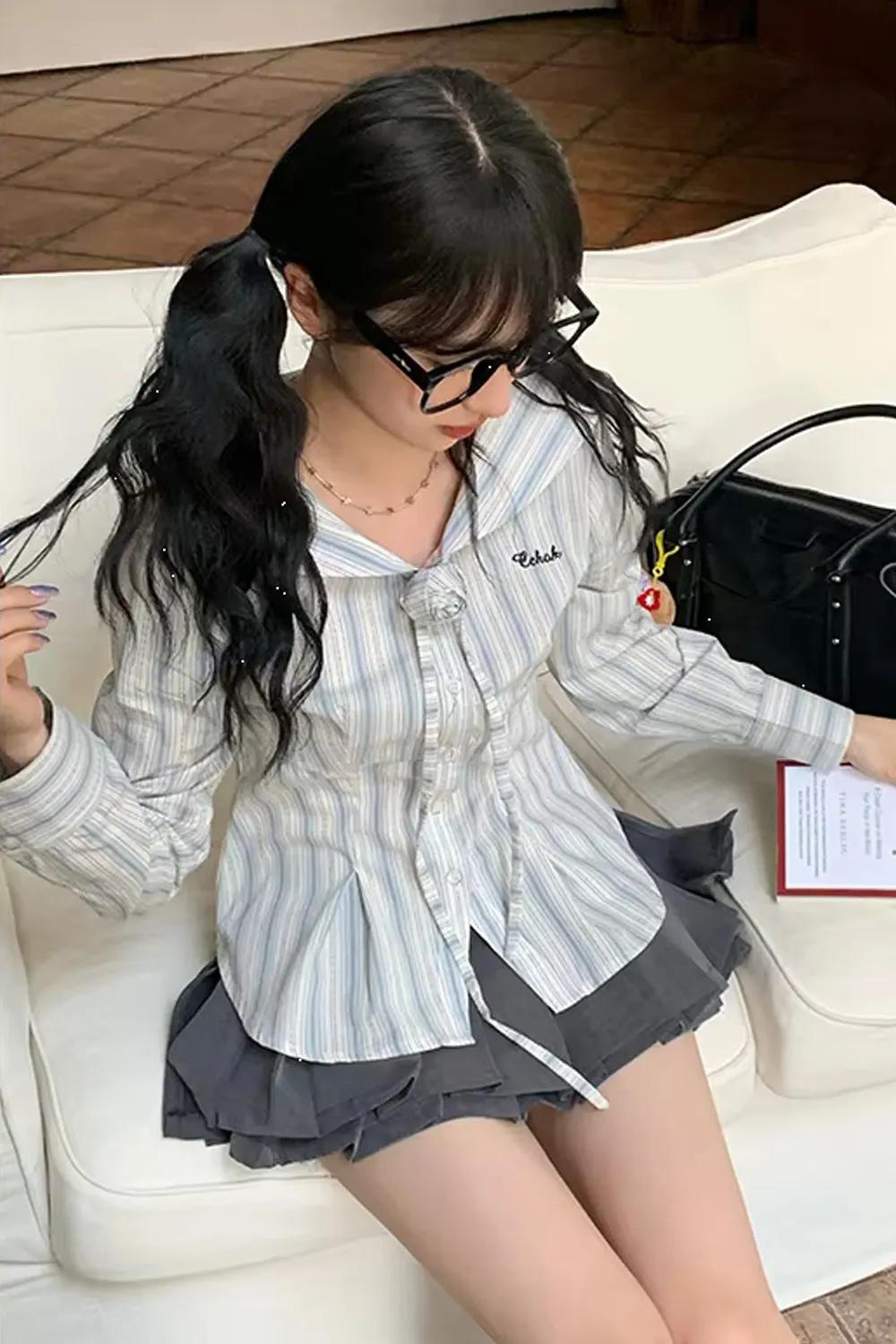 Long Sleeve Sailor Collar Striped Blouse Shirt