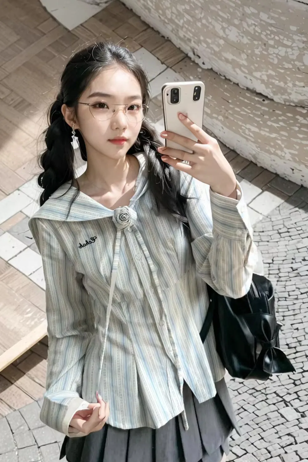Long Sleeve Sailor Collar Striped Blouse Shirt