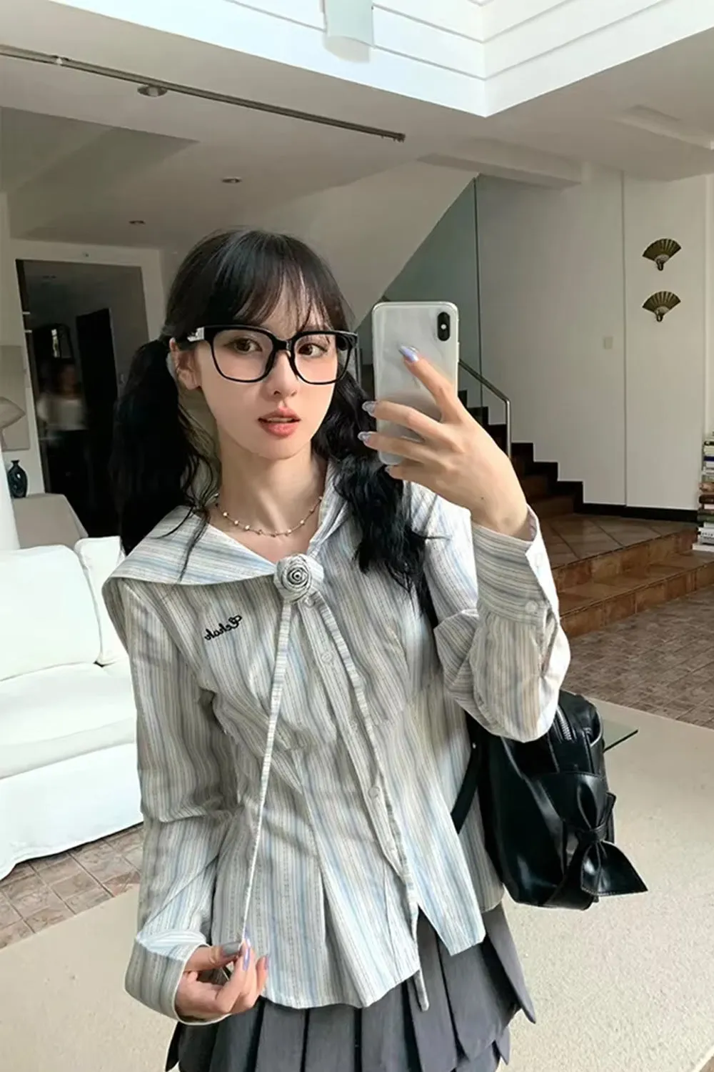 Long Sleeve Sailor Collar Striped Blouse Shirt
