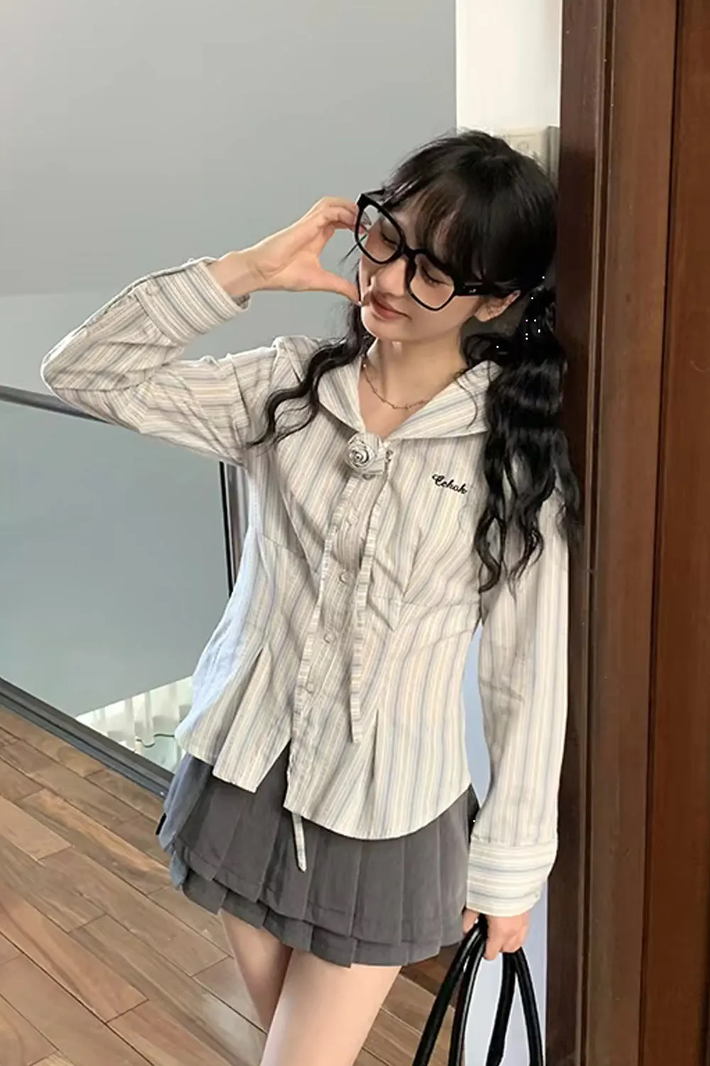 Long Sleeve Sailor Collar Striped Blouse Shirt