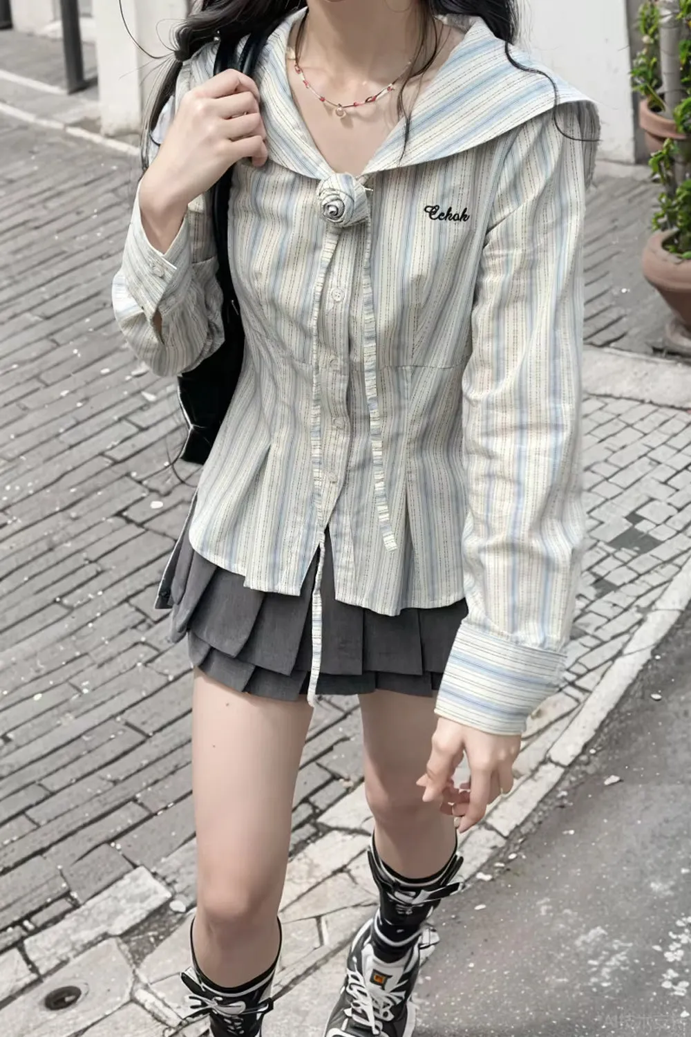 Long Sleeve Sailor Collar Striped Blouse Shirt