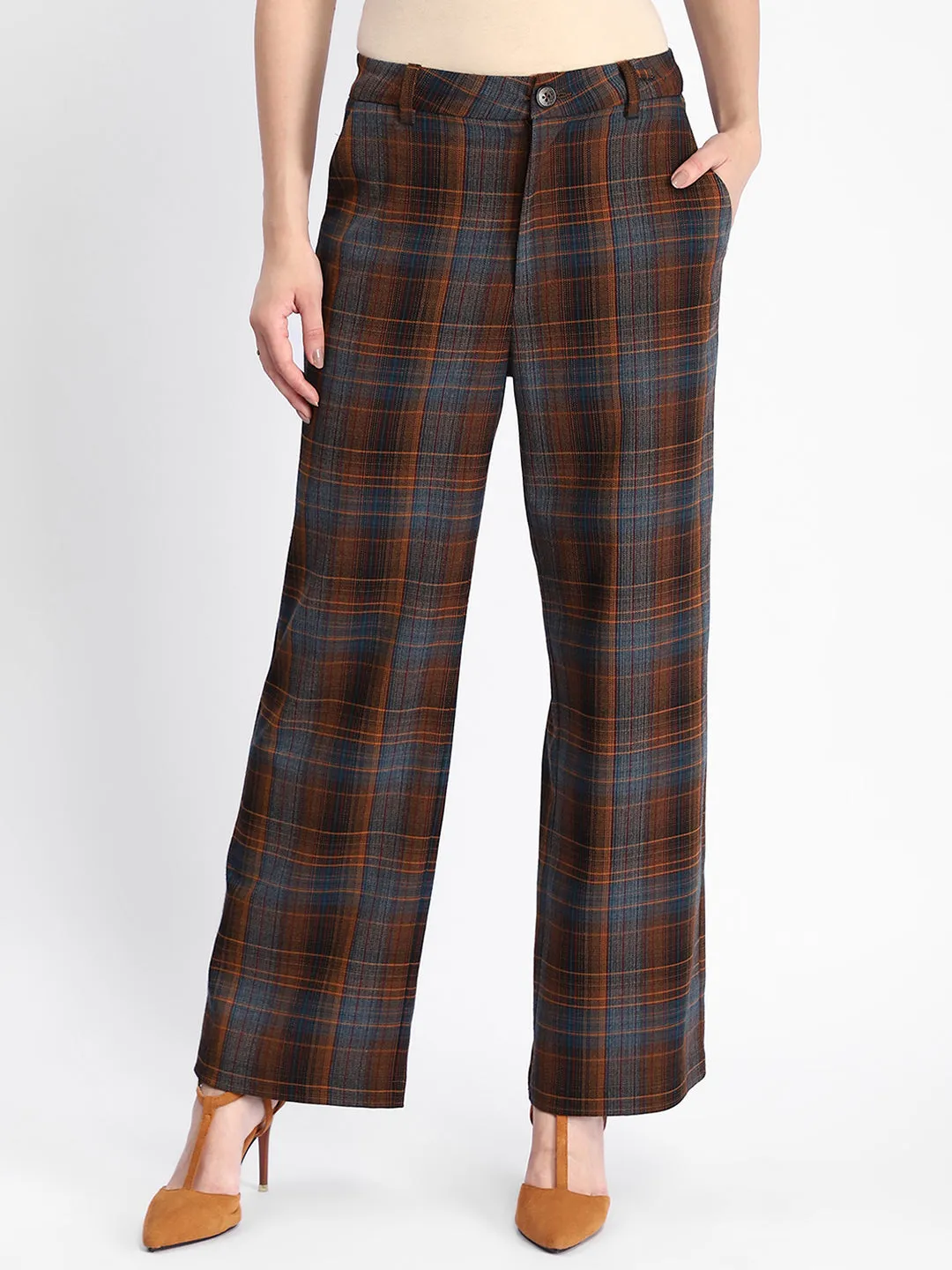 Madame Plaid Pattern Straight Fit Teal Trousers