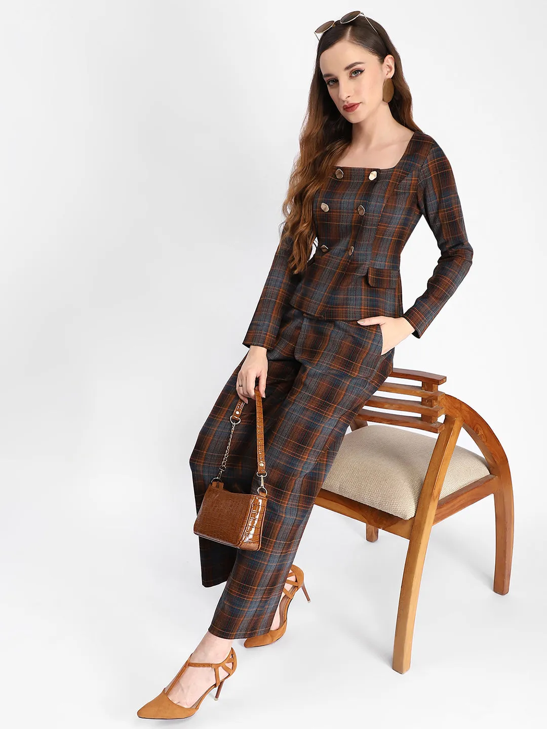 Madame Plaid Pattern Straight Fit Teal Trousers