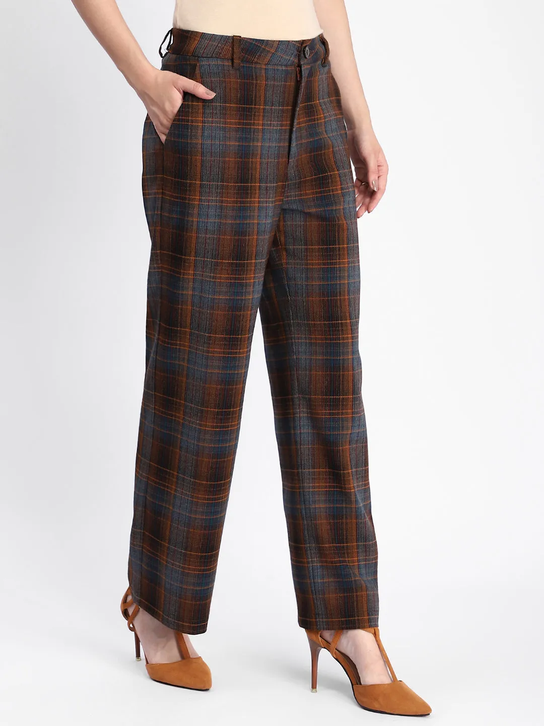 Madame Plaid Pattern Straight Fit Teal Trousers