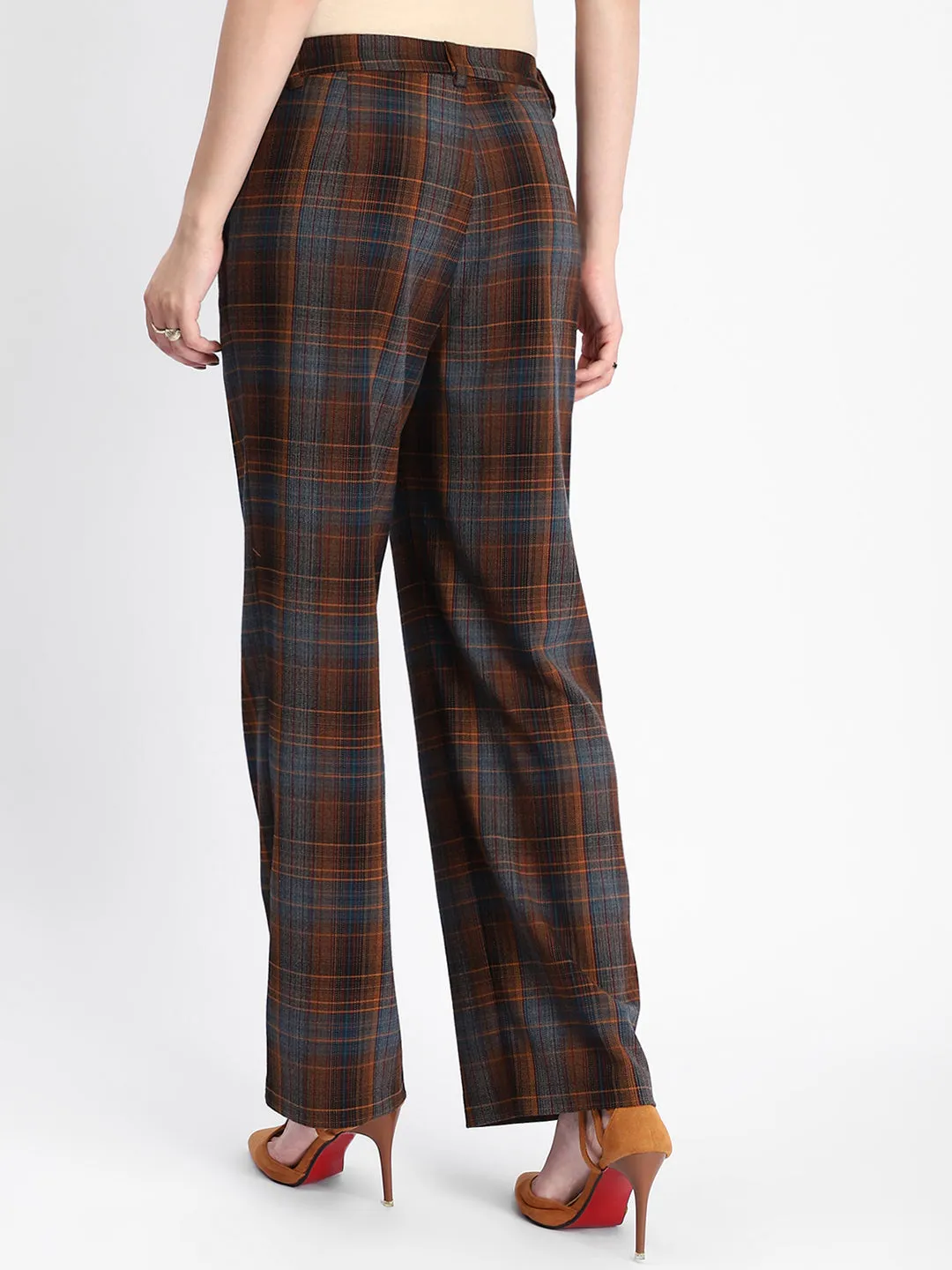 Madame Plaid Pattern Straight Fit Teal Trousers