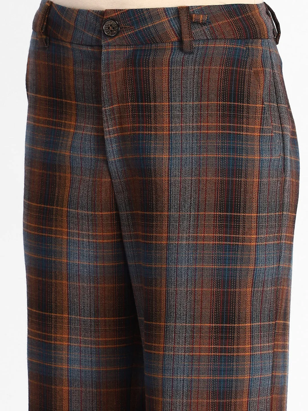 Madame Plaid Pattern Straight Fit Teal Trousers