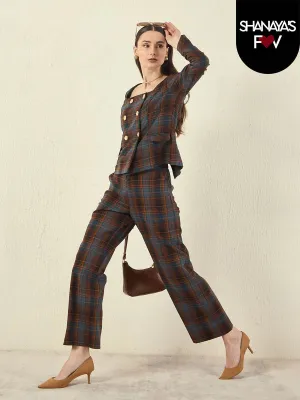 Madame Plaid Pattern Straight Fit Teal Trousers