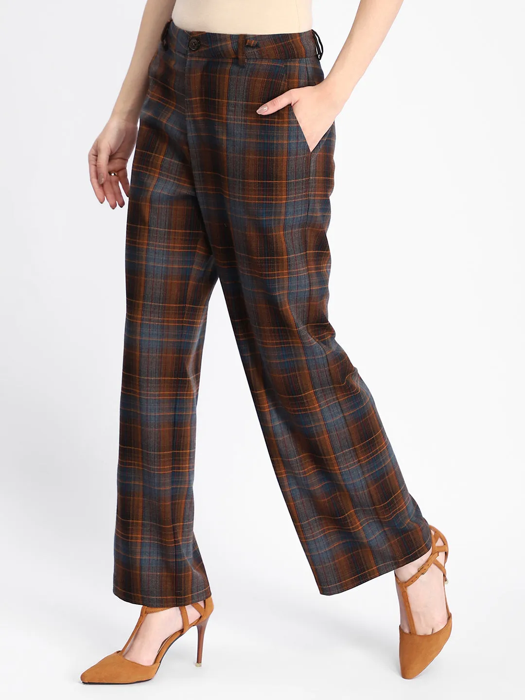 Madame Plaid Pattern Straight Fit Teal Trousers