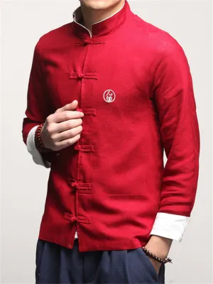 Male Circle Chinese Character Embroidered Stand-up Collar Shirts