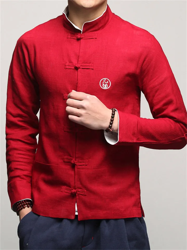 Male Circle Chinese Character Embroidered Stand-up Collar Shirts