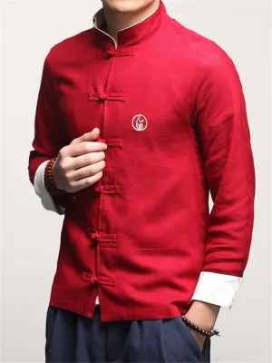 Male Circle Chinese Character Embroidered Stand-up Collar Shirts