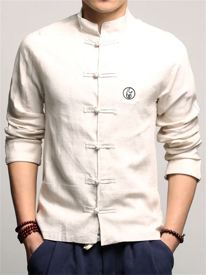 Male Circle Chinese Character Embroidered Stand-up Collar Shirts