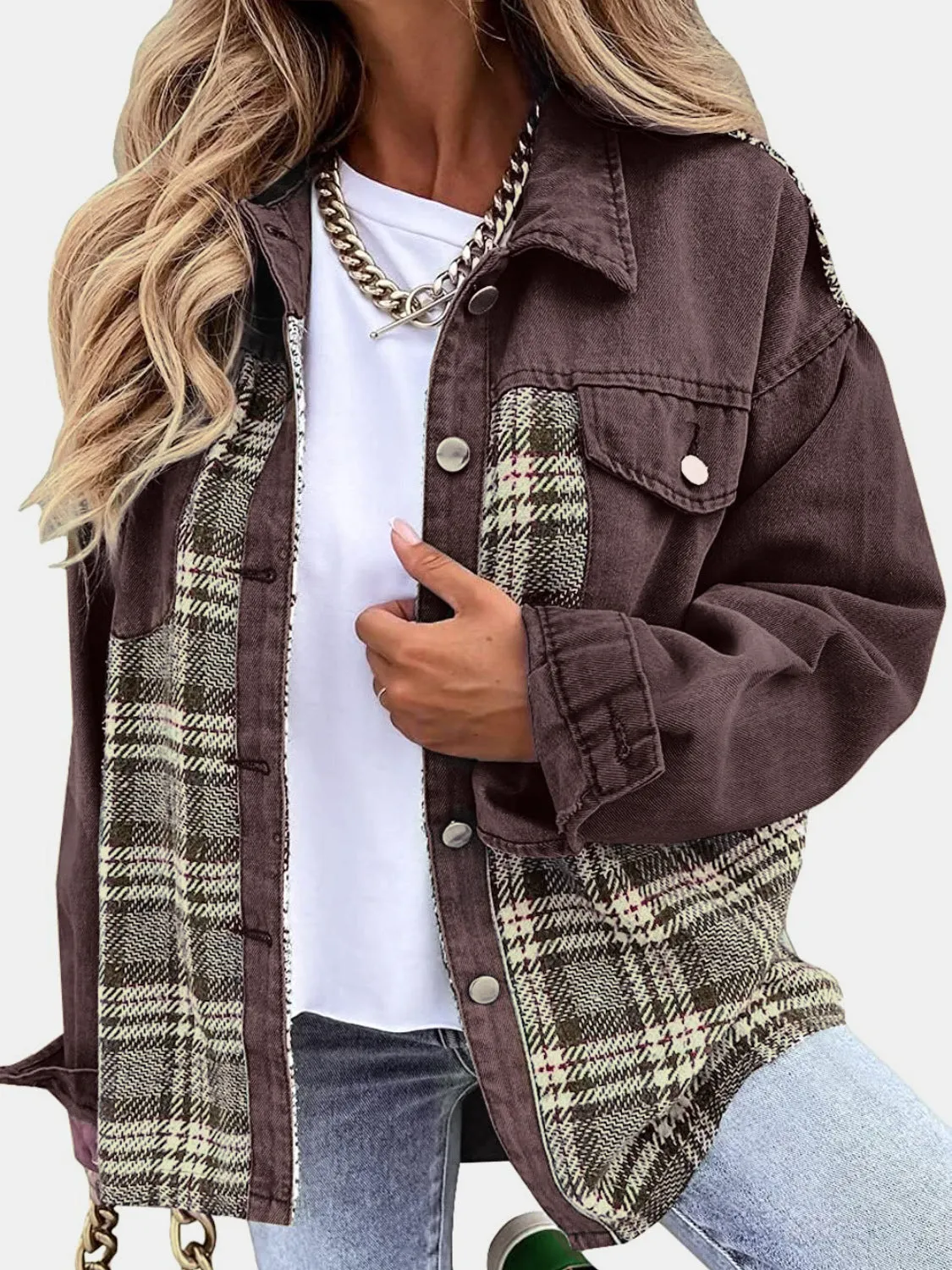 Marissa Plaid Button Up Dropped Shoulder Jacket