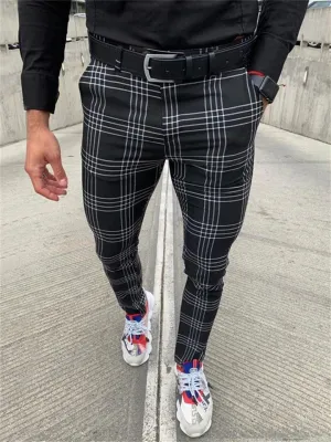 Men's Classic Plaid Skinny Pencil Pants with Pocket