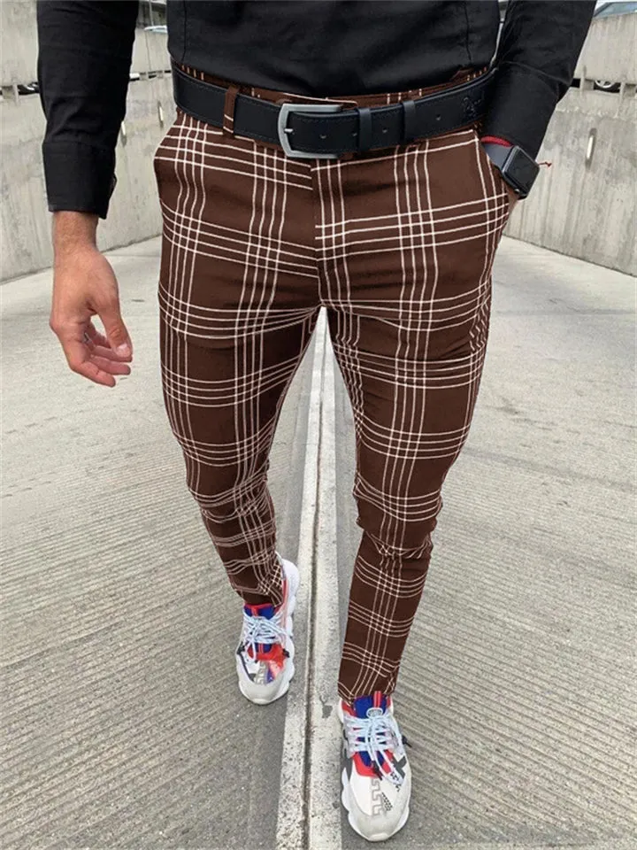 Men's Classic Plaid Skinny Pencil Pants with Pocket