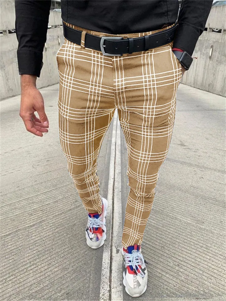 Men's Classic Plaid Skinny Pencil Pants with Pocket