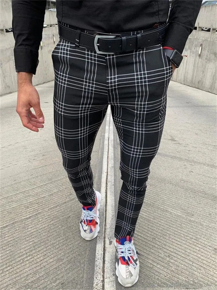Men's Classic Plaid Skinny Pencil Pants with Pocket