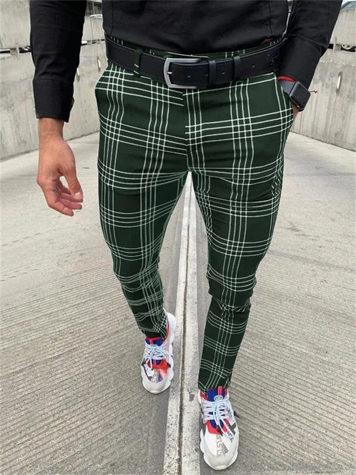 Men's Classic Plaid Skinny Pencil Pants with Pocket