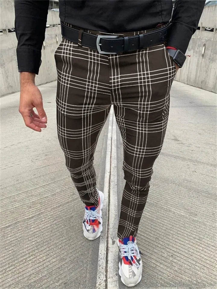Men's Classic Plaid Skinny Pencil Pants with Pocket