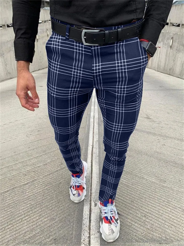 Men's Classic Plaid Skinny Pencil Pants with Pocket