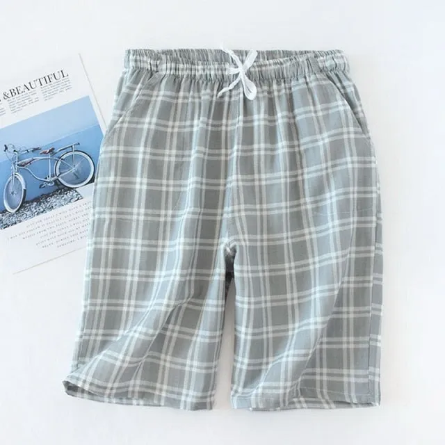 Men's Cotton Gauze Trousers Plaid Knitted Sleep Pants Mens Pajamas Pants Bottoms Sleepwear Pajama Short For Men Pijama Hombre