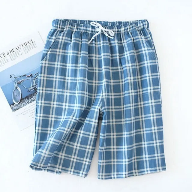 Men's Cotton Gauze Trousers Plaid Knitted Sleep Pants Mens Pajamas Pants Bottoms Sleepwear Pajama Short For Men Pijama Hombre