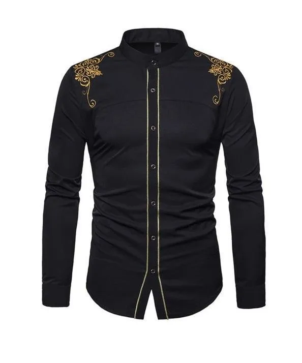 Men's Long Sleeve Slim Fitting Embroidery Dress Shirt