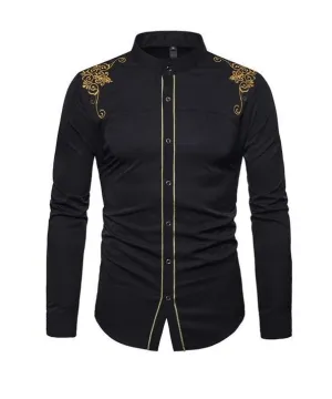 Men's Long Sleeve Slim Fitting Embroidery Dress Shirt
