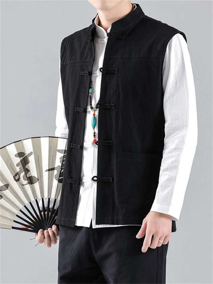 Men's Stand Collar Knot Button Patch Pocket Plain Linen Vest