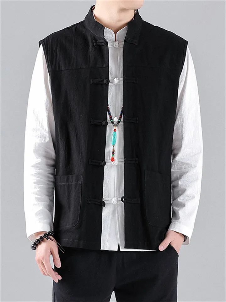 Men's Stand Collar Knot Button Patch Pocket Plain Linen Vest