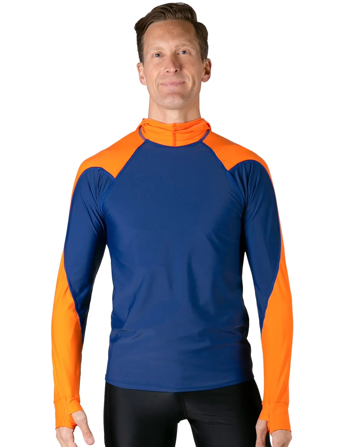 Men's  Swim Crest Rash Guard with Fitted Hoodie - Navy / Orange